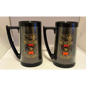 MICHELOB Vintage THERMO-SERV Beer Stein Mug Insulated Plastic Pair Set Bar 16 oz